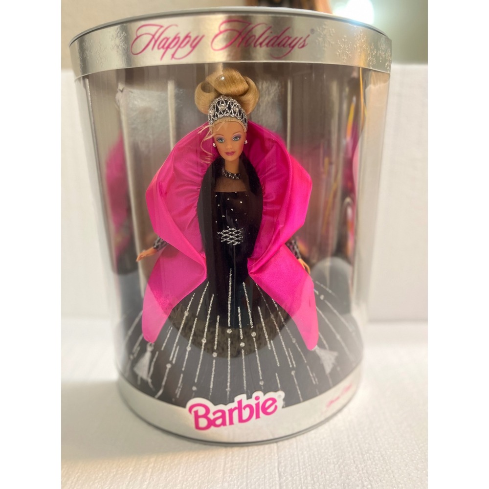 Happy‎ Holidays Barbie Doll 1996 Black Sparkle Gown Pink Cape Tiara Collector